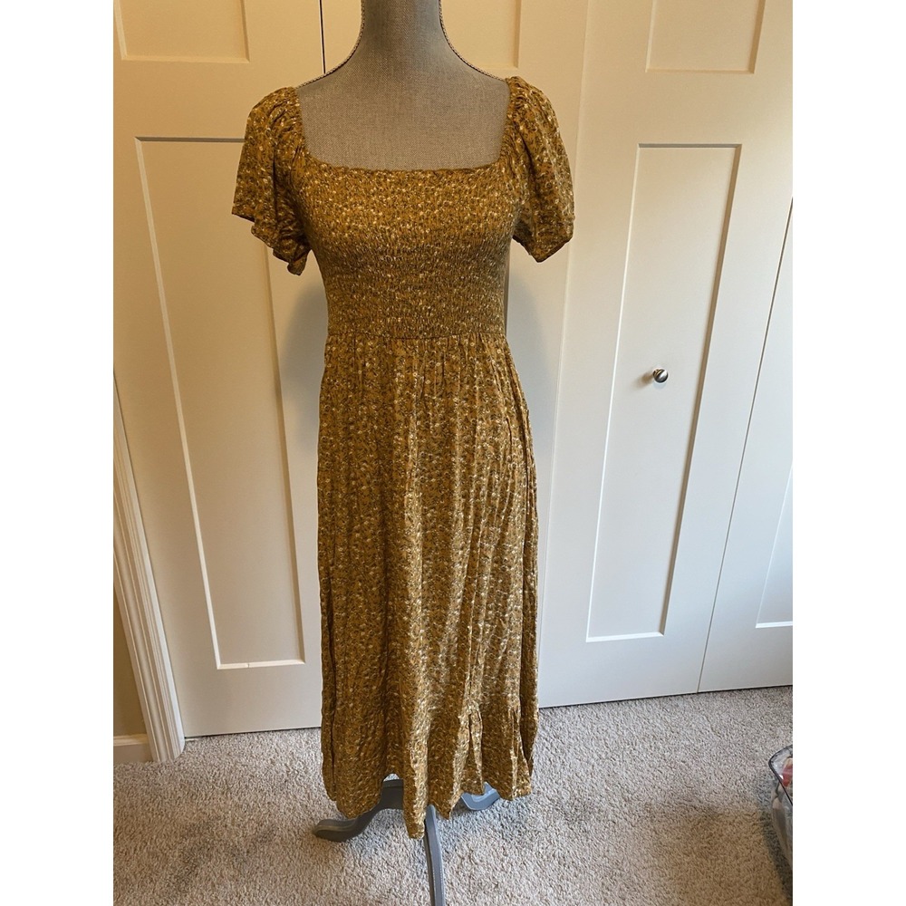 Heyson Smoked floral midi dress square neckline puffy sleeve medium s1